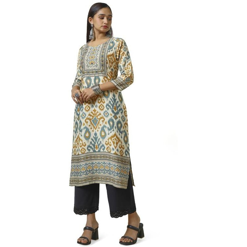 Soch Womens Cream Linen Blend Abstract Print Kurta With Mirror Work