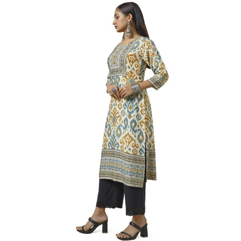 Soch Womens Cream Linen Blend Abstract Print Kurta With Mirror Work