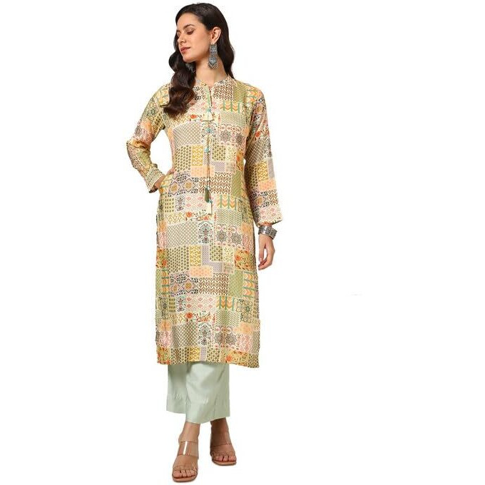 Soch Womens Cream Vicose Muslin Ethnic Motifs Kurta With Tassels