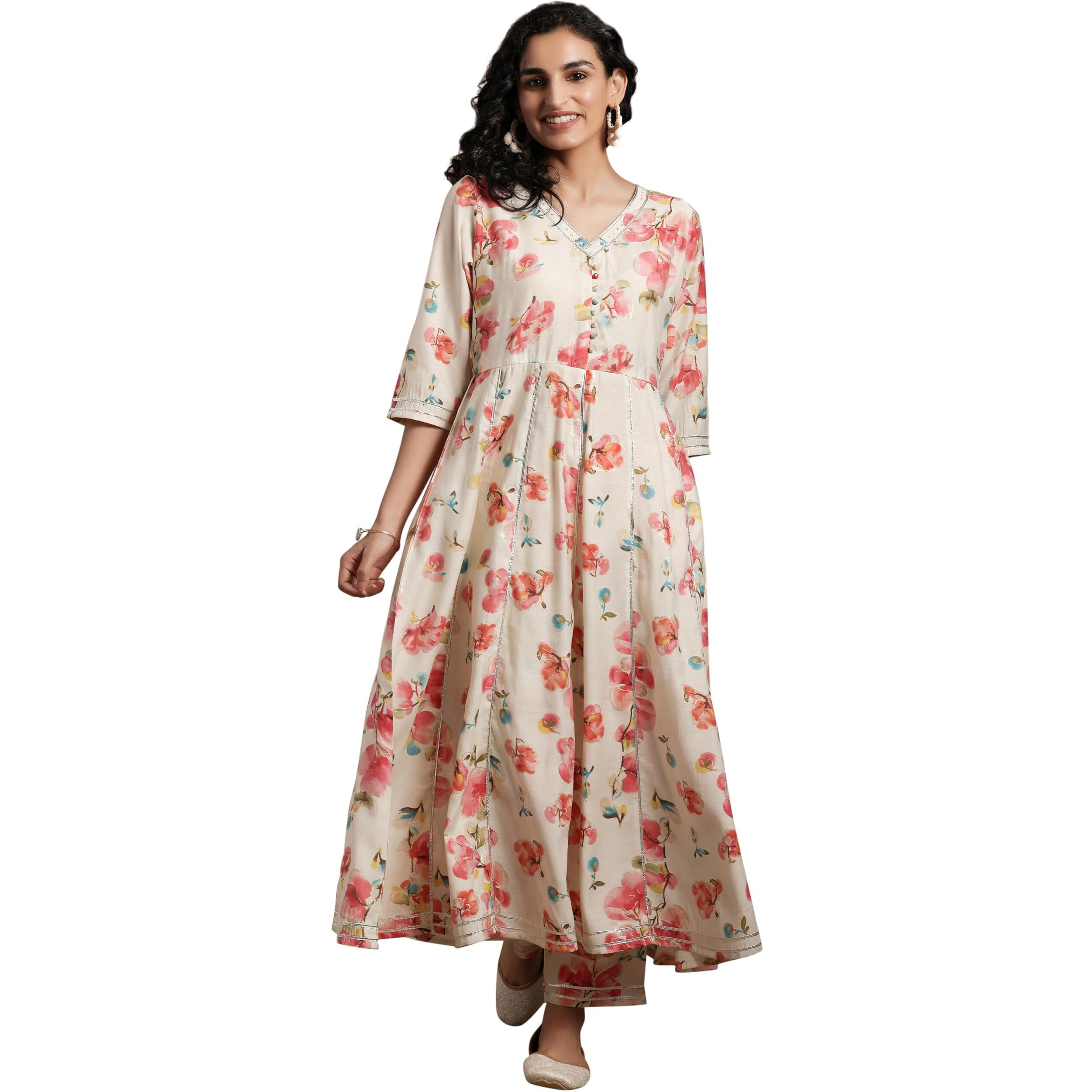 Libas Off White Printed Silk Blend Anarkali Kurta With Trousers