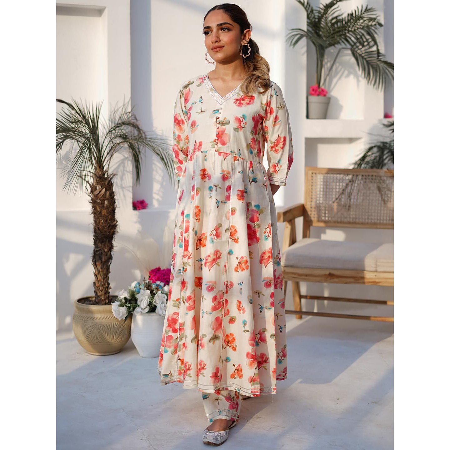 Libas Off White Printed Silk Blend Anarkali Kurta With Trousers