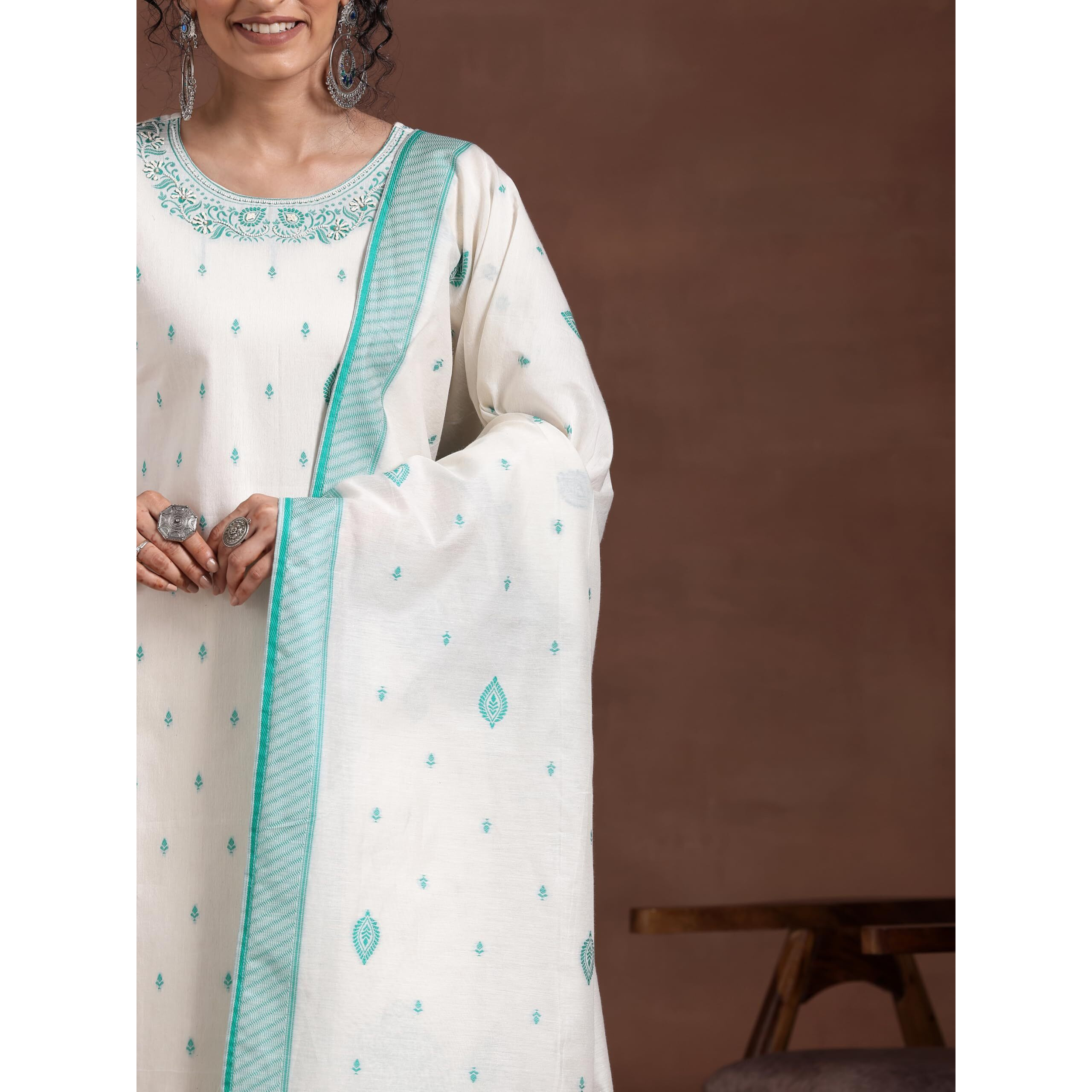 Libas Women's Chanderi Silk Woven Design Kurta Sets (27662_Off White