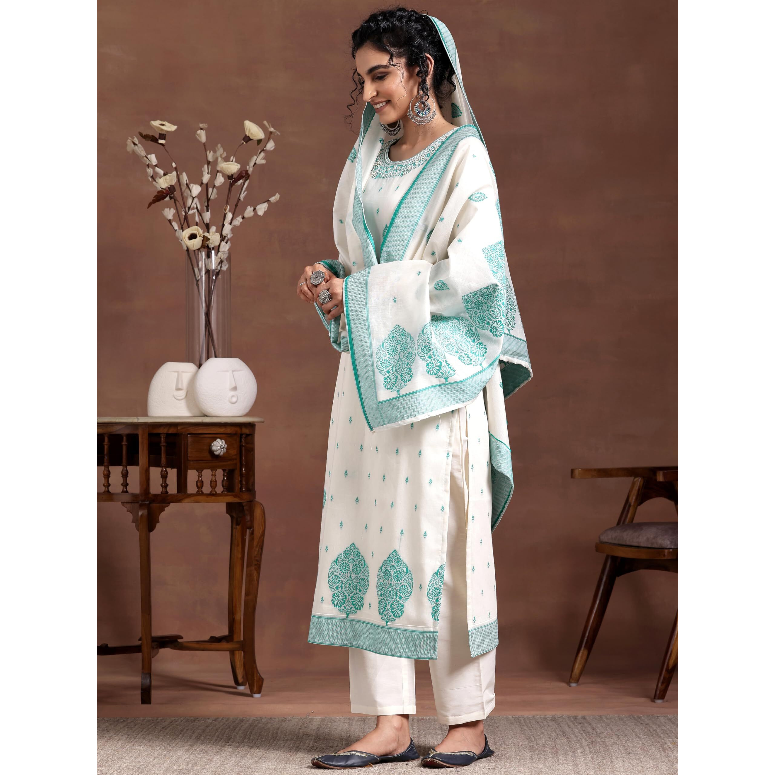 Libas Women's Chanderi Silk Woven Design Kurta Sets (27662_Off White