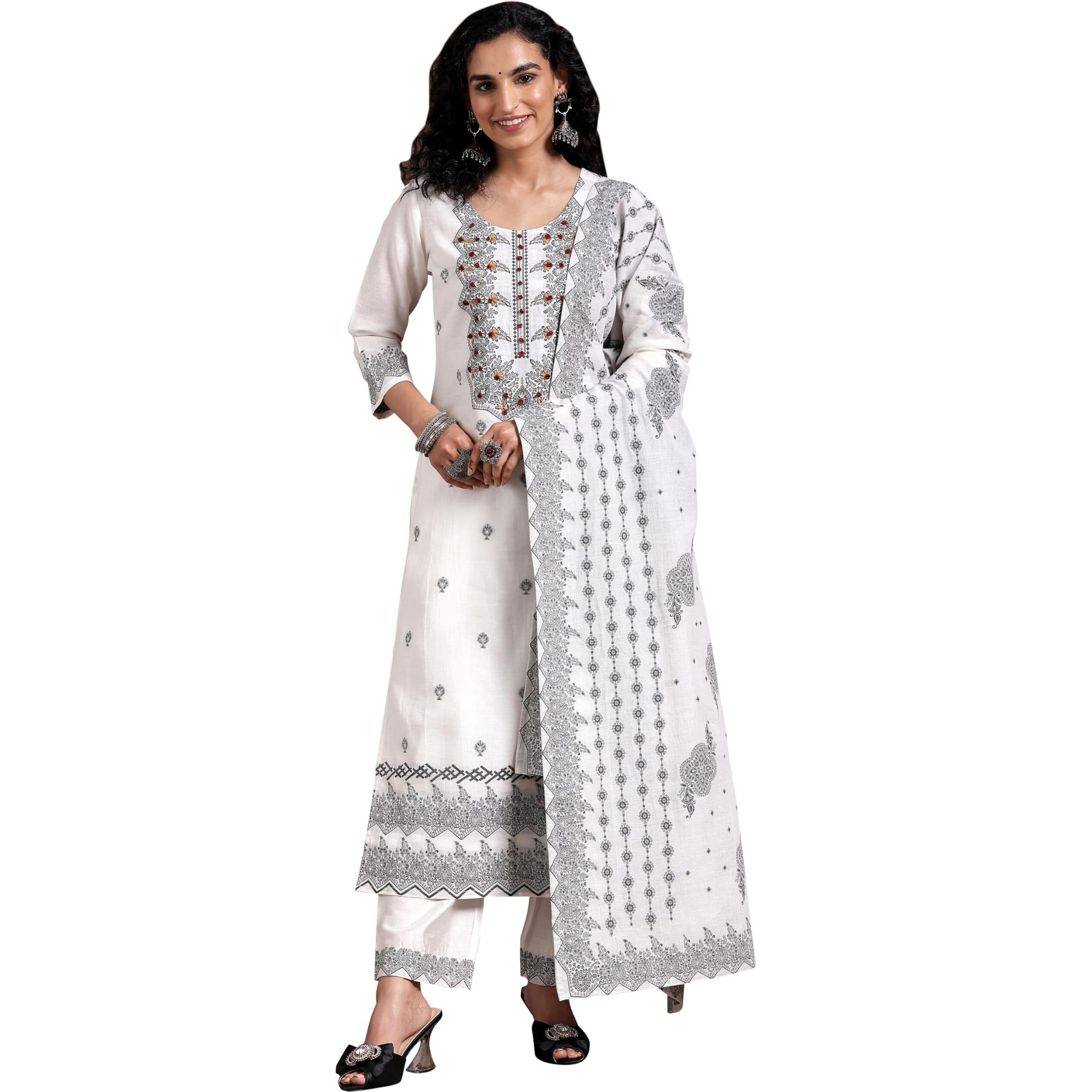 White Woven Design Linen Straight Kurta With Palazzos & Dupatta