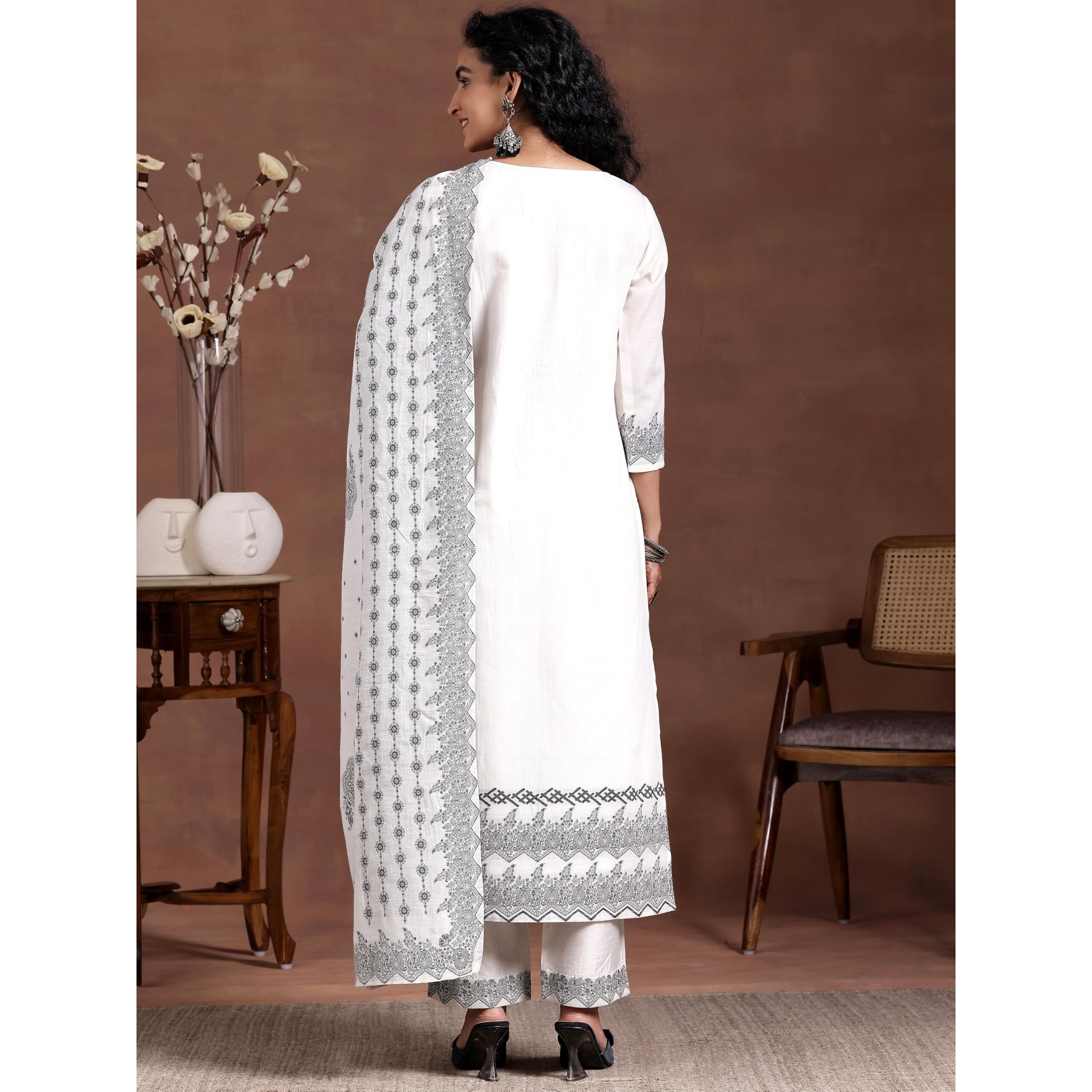 White Woven Design Linen Straight Kurta With Palazzos & Dupatta