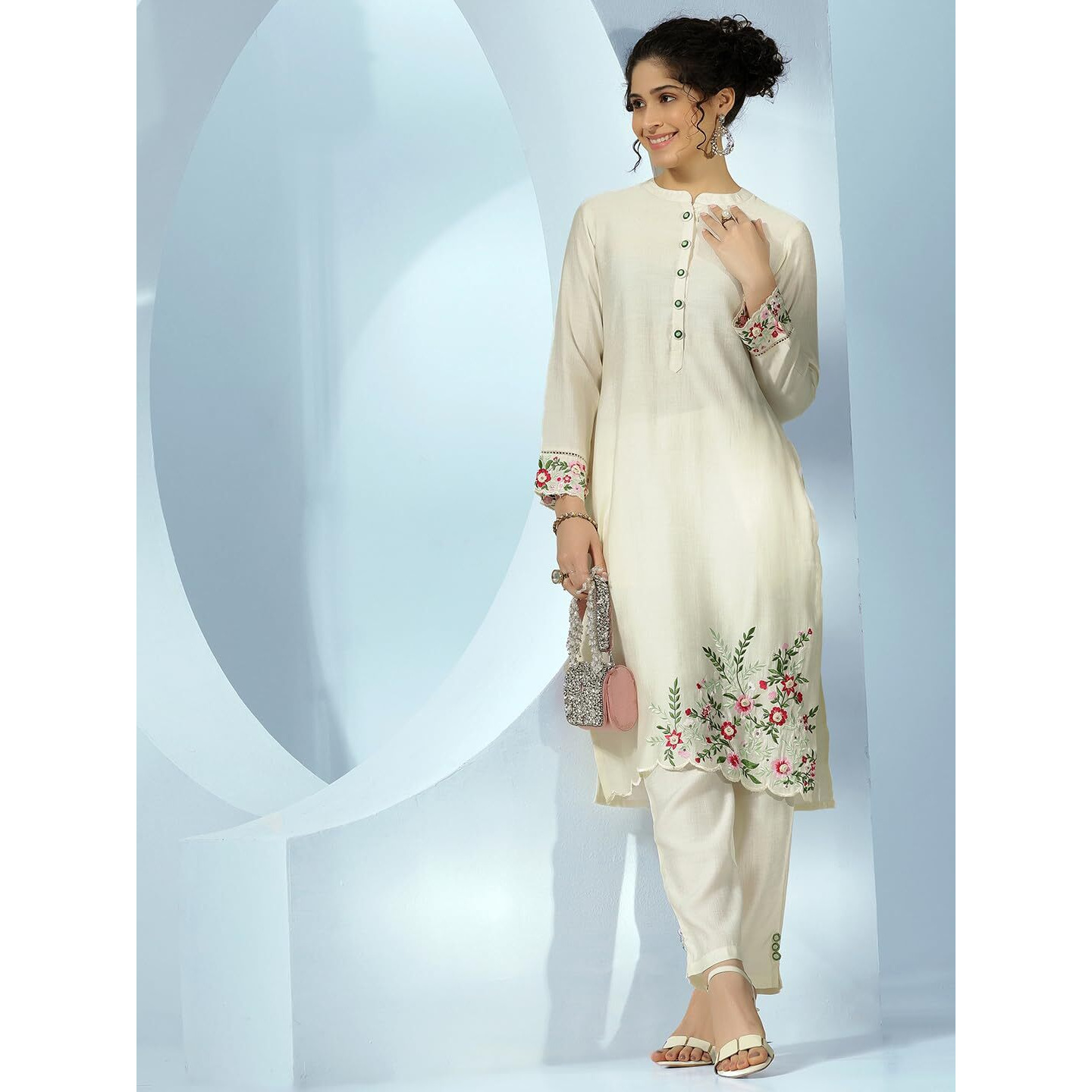 Libas Off White Silk Blend Embroidered Kurta Sets For Women
