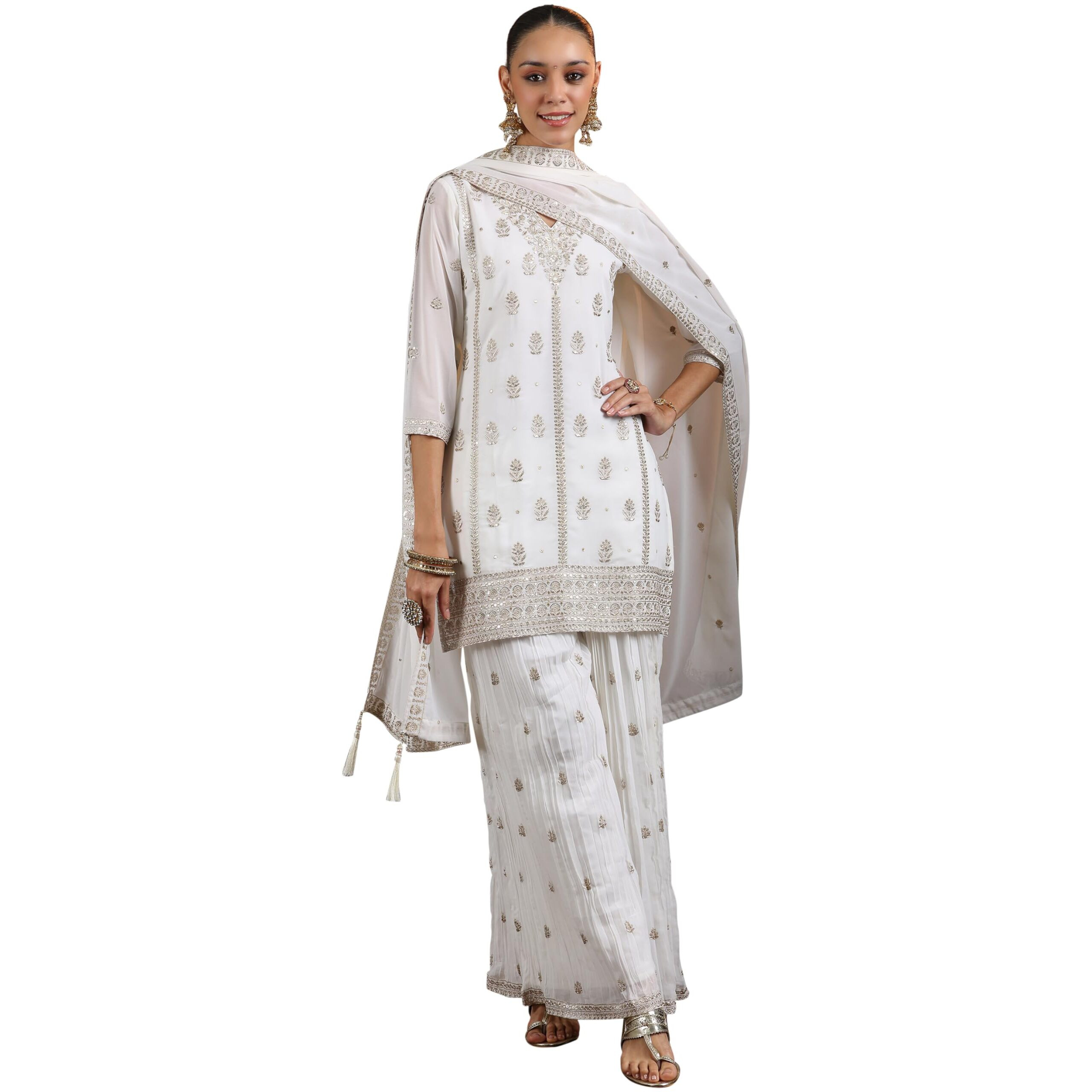 Libas White Georgette Embroidered Kurta Sets For Women