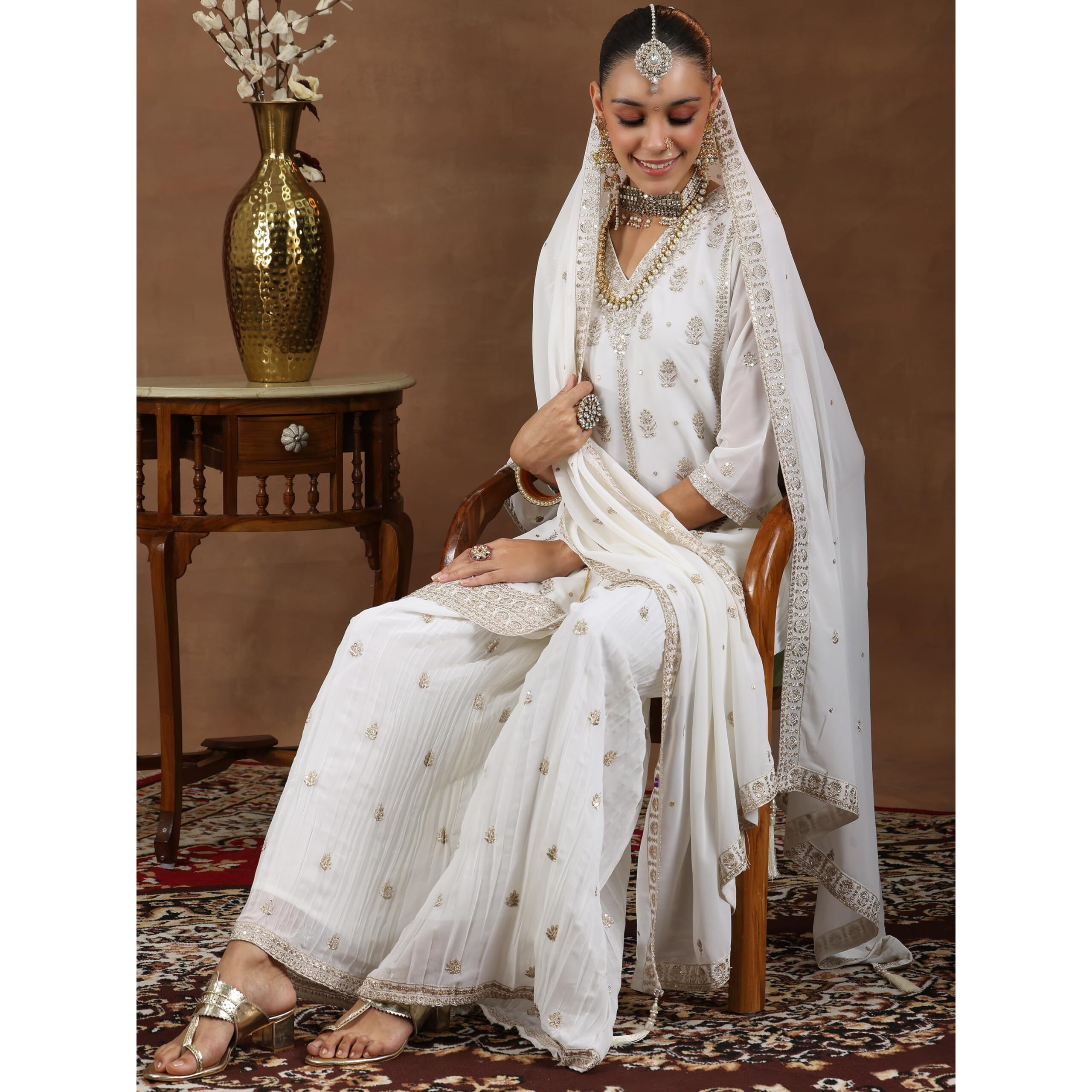 Libas White Georgette Embroidered Kurta Sets For Women