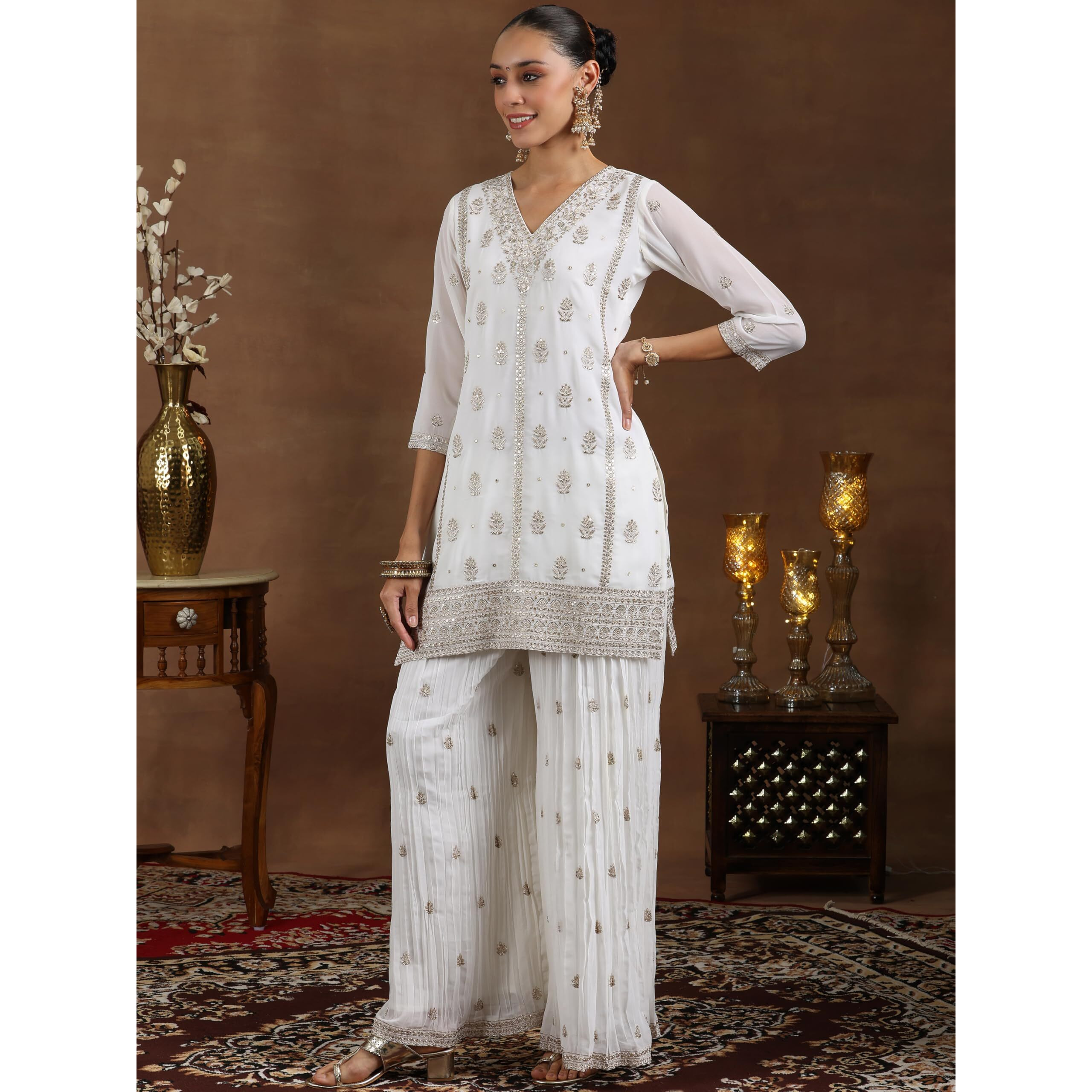 Libas White Georgette Embroidered Kurta Sets For Women