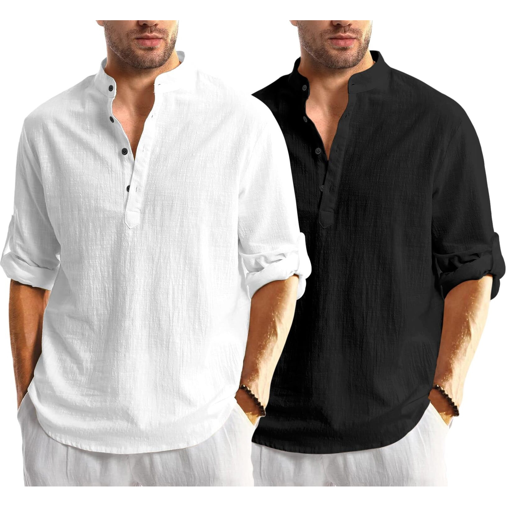 Bellstone Men's Cotton Blend Solid Regular Dress Shirt (Kurta1600_Combo_White & Black_Large
