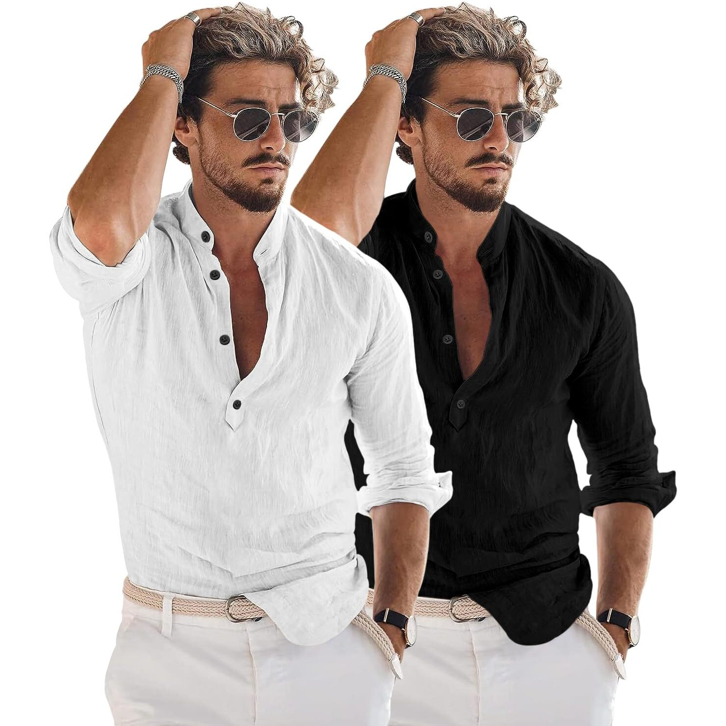 Bellstone Men's Cotton Blend Solid Regular Dress Shirt (Kurta1600_Combo_White & Black_Large