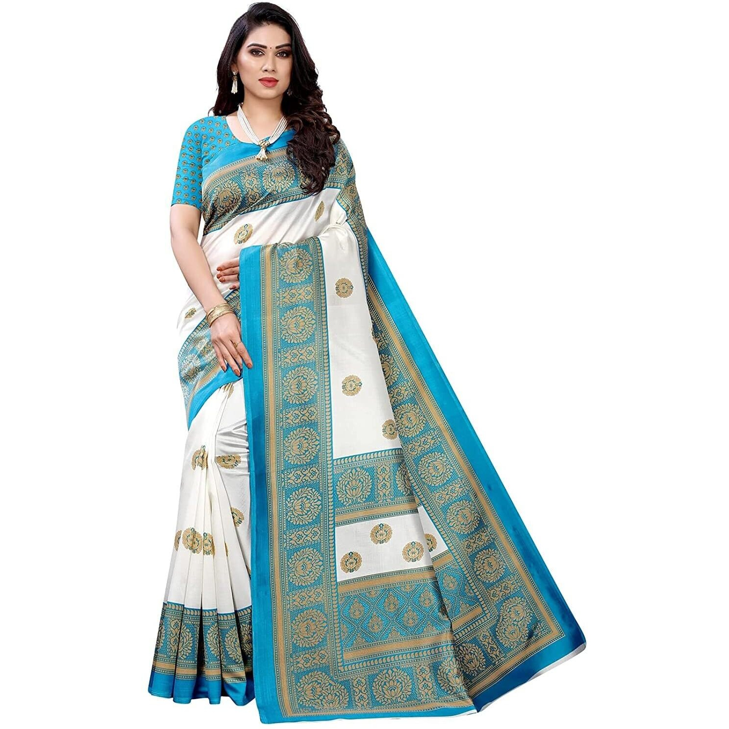 Shiv Textiles Women's Art Silk Traditional Prints Saree(119S103_White2)