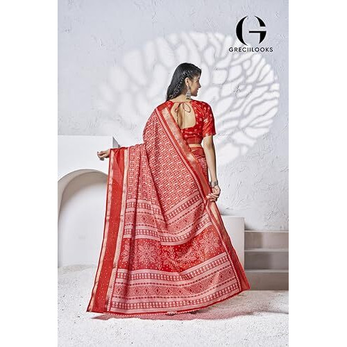 Greciilooks Women's Plain Cotton Silk Sarees (Gl-S2399_Red)