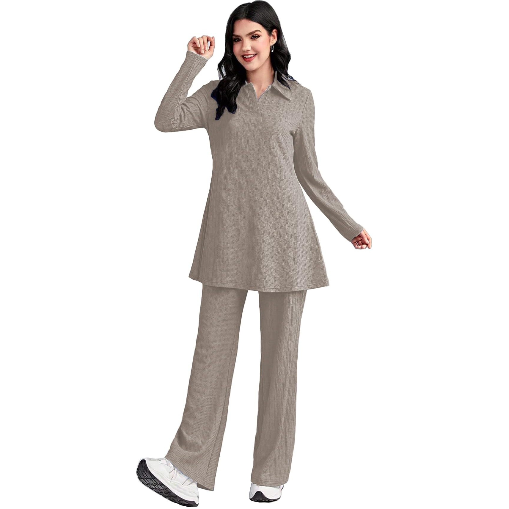 Tadkee Women's Solid Color Two-Piece Set | Long Sleeve Top & Wide Leg Pants Co-Ord Set | Casual Wear Co Ord Set (Fn-Full-Sleeve-Cord-125-Cream-S)