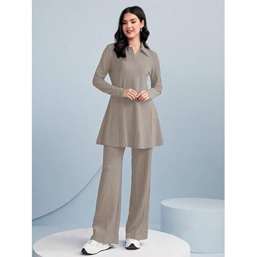 Tadkee Women's Solid Color Two-Piece Set | Long Sleeve Top & Wide Leg Pants Co-Ord Set | Casual Wear Co Ord Set (Fn-Full-Sleeve-Cord-125-Cream-S)