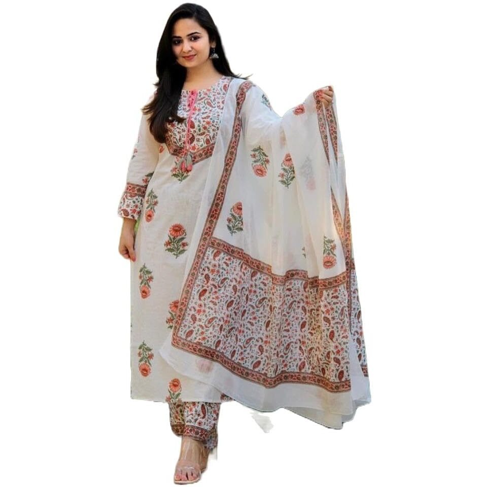 Alvami Women Viscose Printed Straight Kurta Pant With Dupatta Set (M) White
