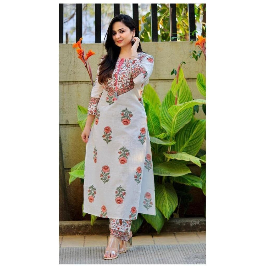 Alvami Women Viscose Printed Straight Kurta Pant With Dupatta Set (M) White