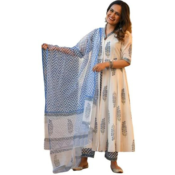 Pinkmint Women Floral Printed Kurta And Pant Set With Dupatta White