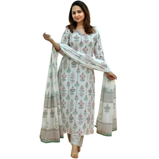 Pinkmint Women's Printed V Neck Kurta And Pant Set With Dupatta