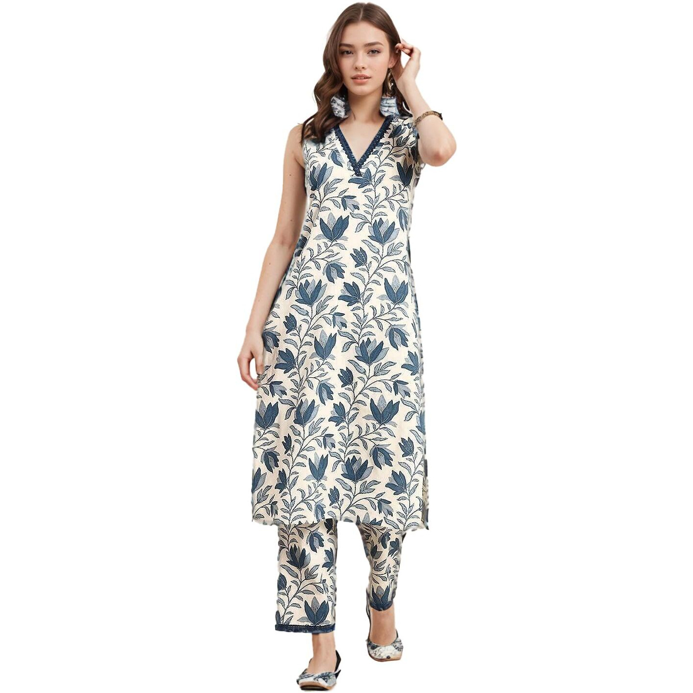 Smowkly V-Neck Sleeveless Kurta For Women (1322_Ofwt_Xxl) White