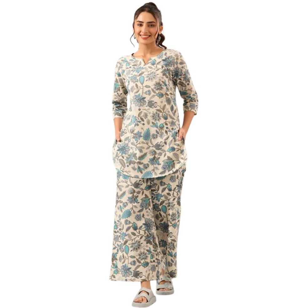 Leriya Fashion Women Ethnic Kurta Set | Rayon Co-Ord Set | Fancy Pajama Set | Pack Of 2 | Floral Printed Top & Pant Set | Full Pair Set | A-Line Kurta Set For Women. (Xxx-Large, White)
