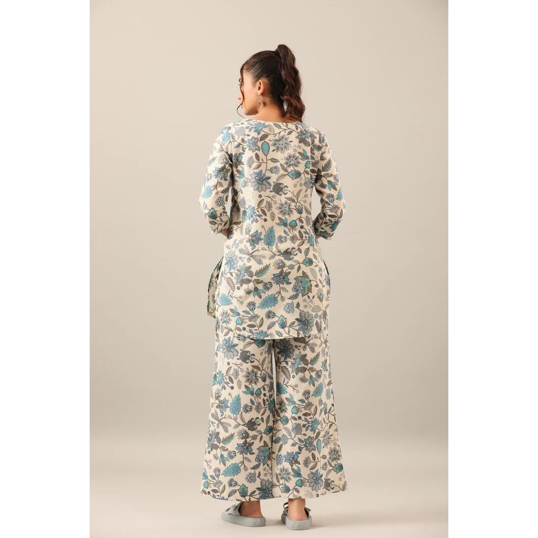 Leriya Fashion Women Ethnic Kurta Set | Rayon Co-Ord Set | Fancy Pajama Set | Pack Of 2 | Floral Printed Top & Pant Set | Full Pair Set | A-Line Kurta Set For Women. (Xxx-Large, White)