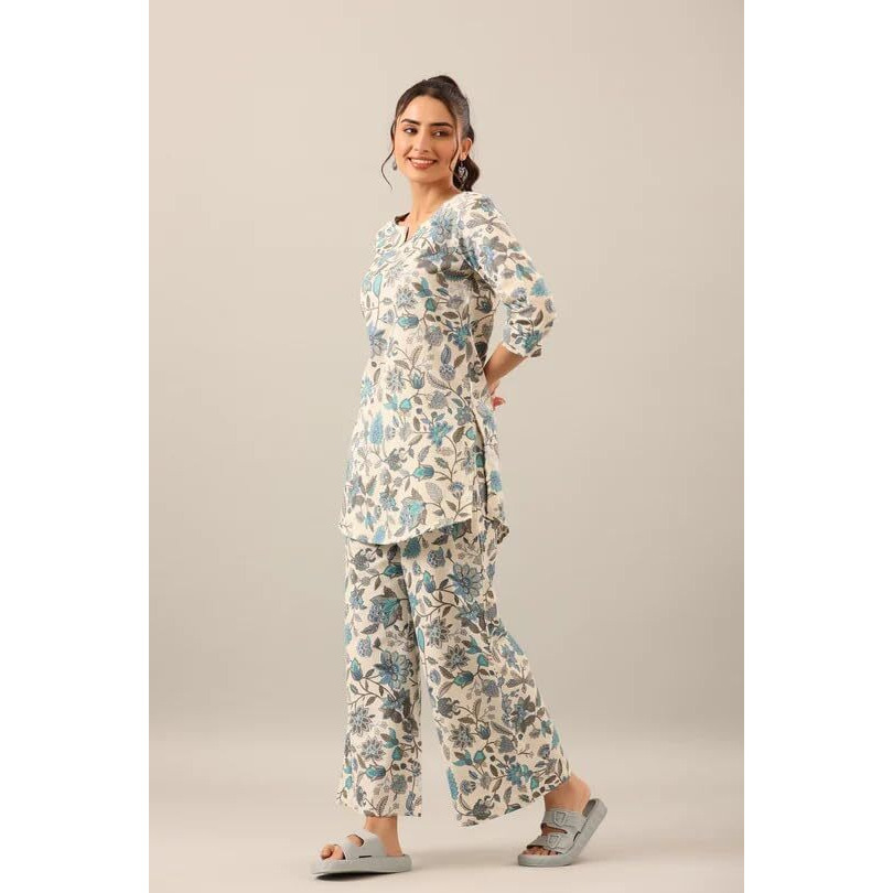 Leriya Fashion Women Ethnic Kurta Set | Rayon Co-Ord Set | Fancy Pajama Set | Pack Of 2 | Floral Printed Top & Pant Set | Full Pair Set | A-Line Kurta Set For Women. (Xxx-Large, White)