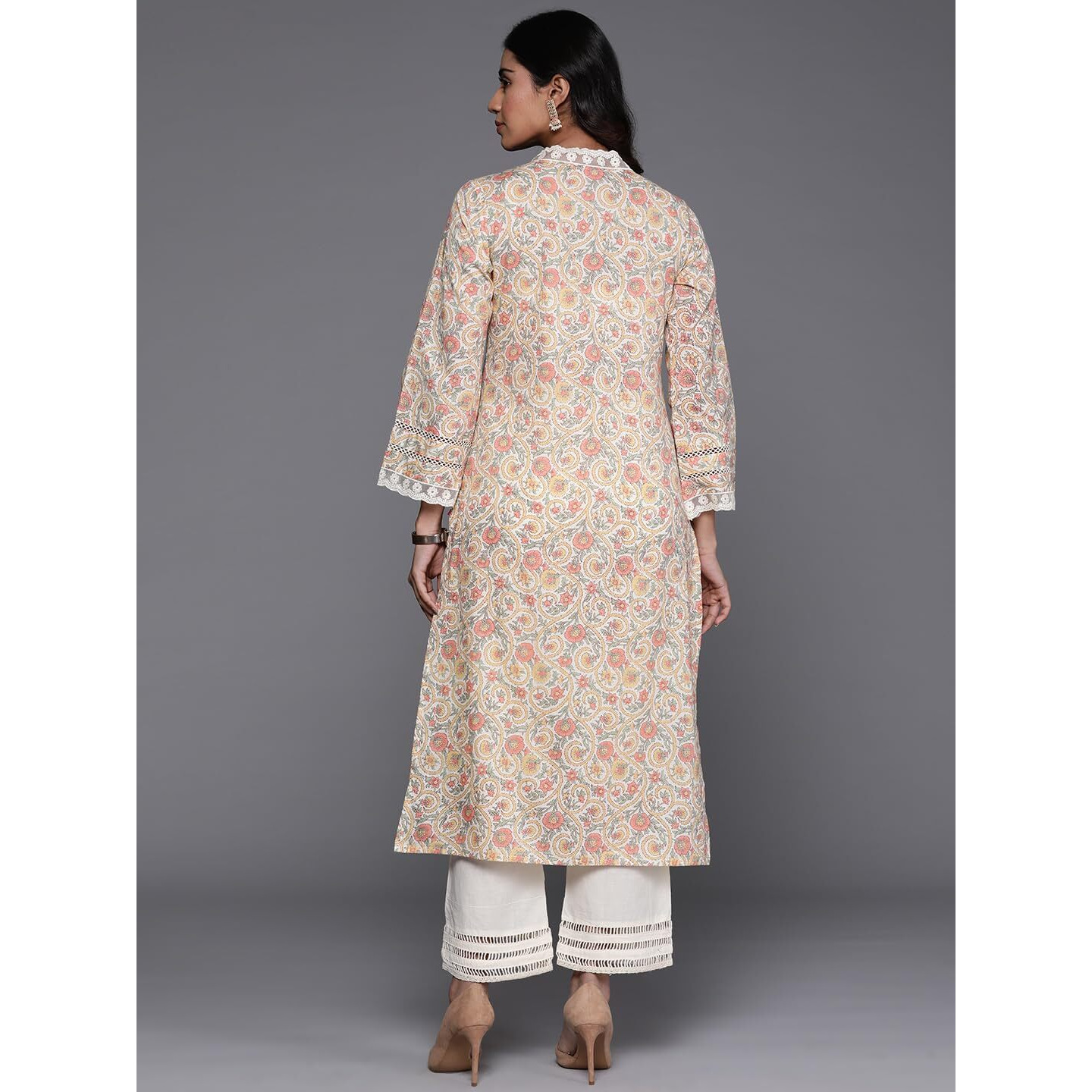 Varanga Women Off-White Floral Printed Straight Kurta  V Neck, Lace Detail, Long Flared Sleeves, Stylish & Elegant