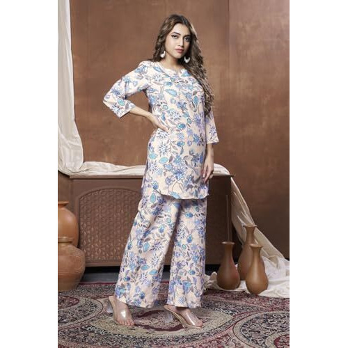 Greciilooks Women's Rayon Floral Regular Fit Co Ord Sets (Gl-W1705&Tr798_White_L)