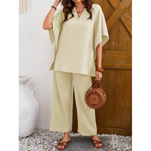 Tadkee Women's Solid Color V-Neck Kaftan Sleeve Casual Wear Co Ord Set | Kurta Set For Women (Fn-Sugar-Cord-121-Off White-Xxl)
