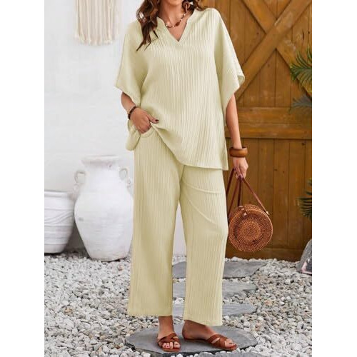 Tadkee Women's Solid Color V-Neck Kaftan Sleeve Casual Wear Co Ord Set | Kurta Set For Women (Fn-Sugar-Cord-121-Off White-Xxl)