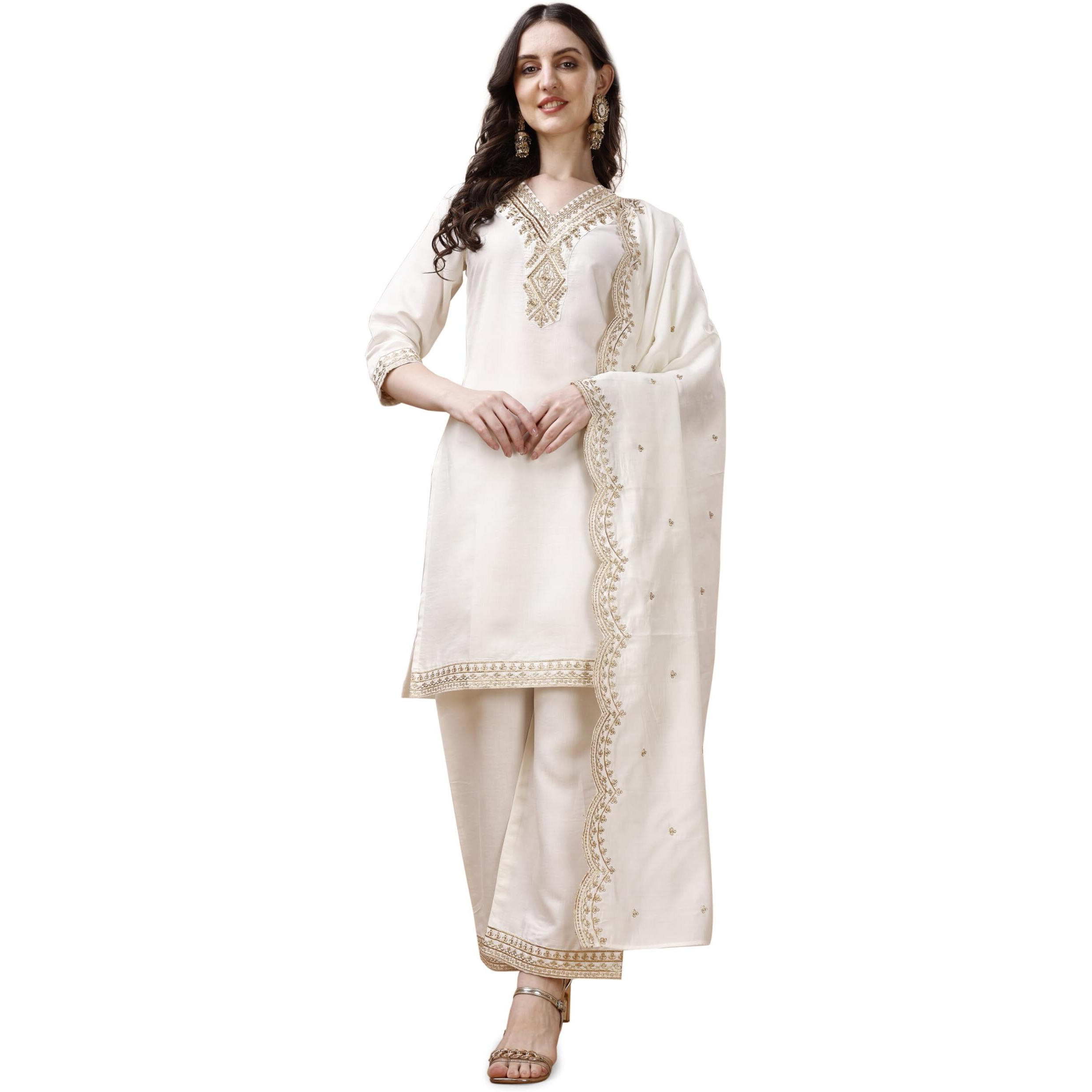 Pratham Blue Kurta Set For Women Silk Embroidered Straight Kurta Set For Women With Palazzos And Dupatta (Pb-6064-Xxl_White)