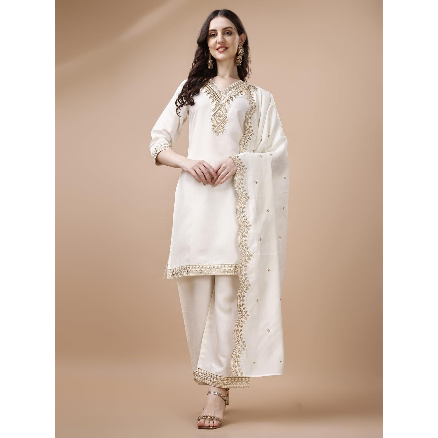 Pratham Blue Kurta Set For Women Silk Embroidered Straight Kurta Set For Women With Palazzos And Dupatta (Pb-6064-Xxl_White)