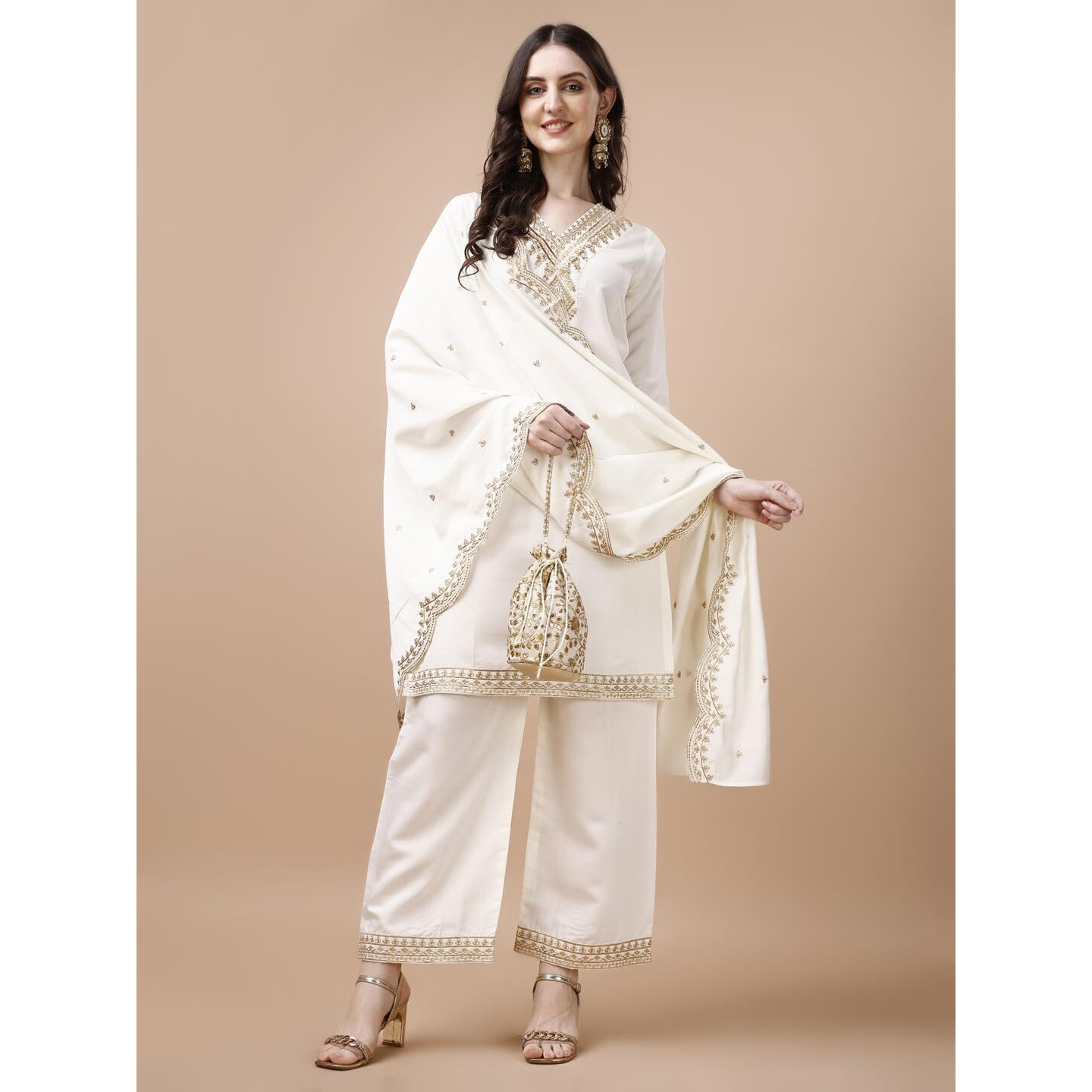 Pratham Blue Kurta Set For Women Silk Embroidered Straight Kurta Set For Women With Palazzos And Dupatta (Pb-6064-Xxl_White)