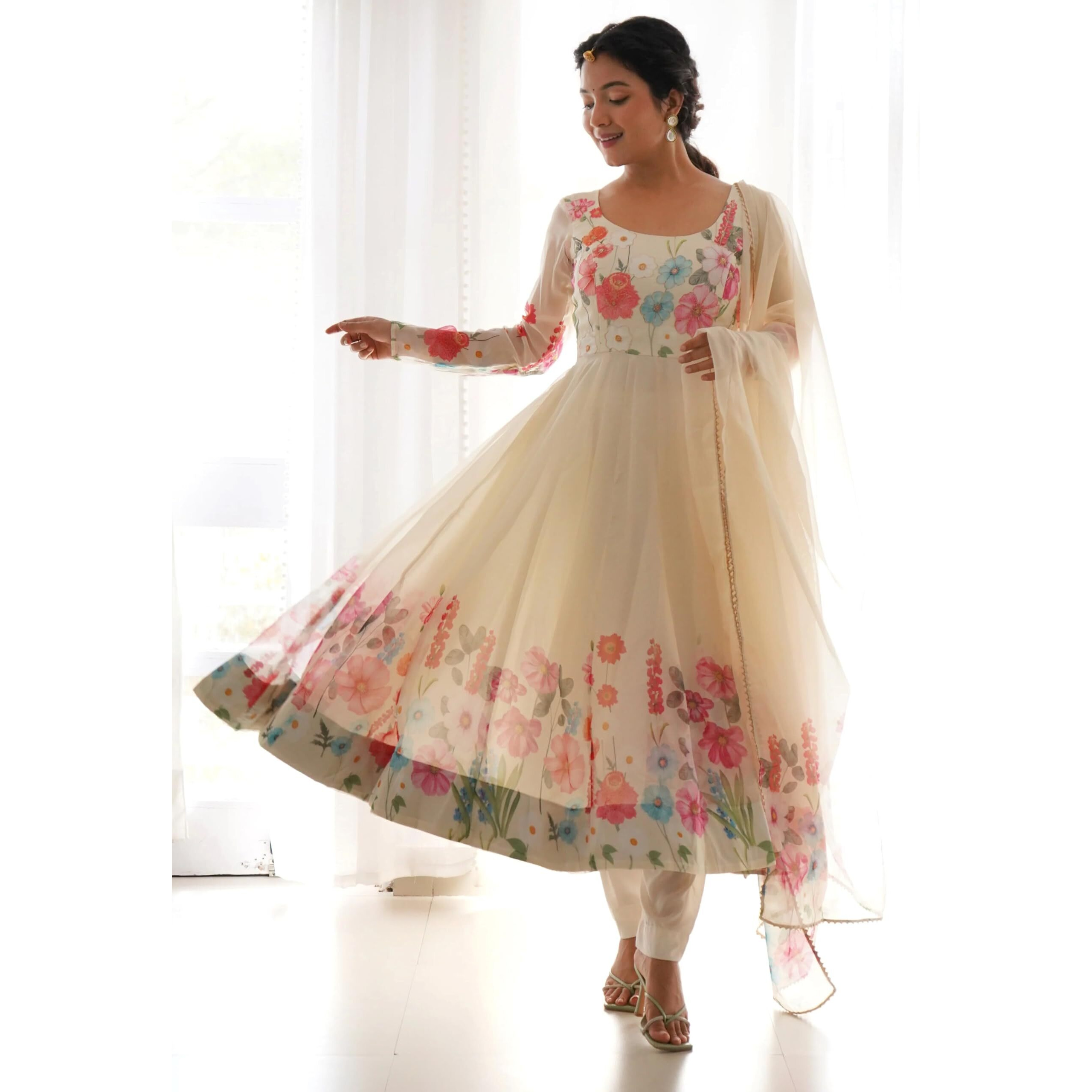 Shasmi Women's White Pink Georgette Anarkali Floral Printed Kurta With Pant & Dupatta (Dress 114 White Pink Xl)