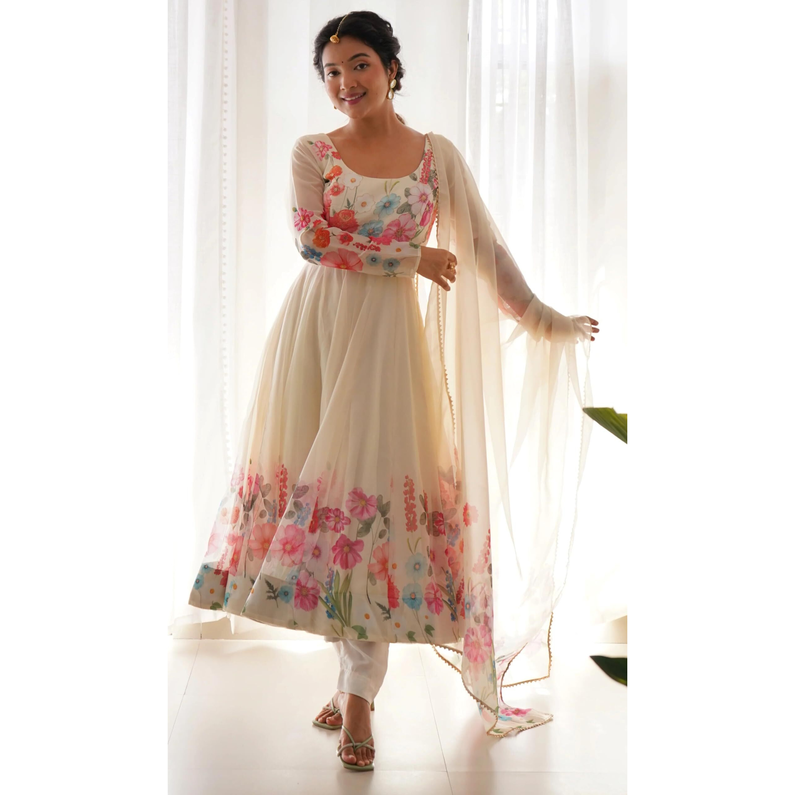 Shasmi Women's White Pink Georgette Anarkali Floral Printed Kurta With Pant & Dupatta (Dress 114 White Pink Xl)
