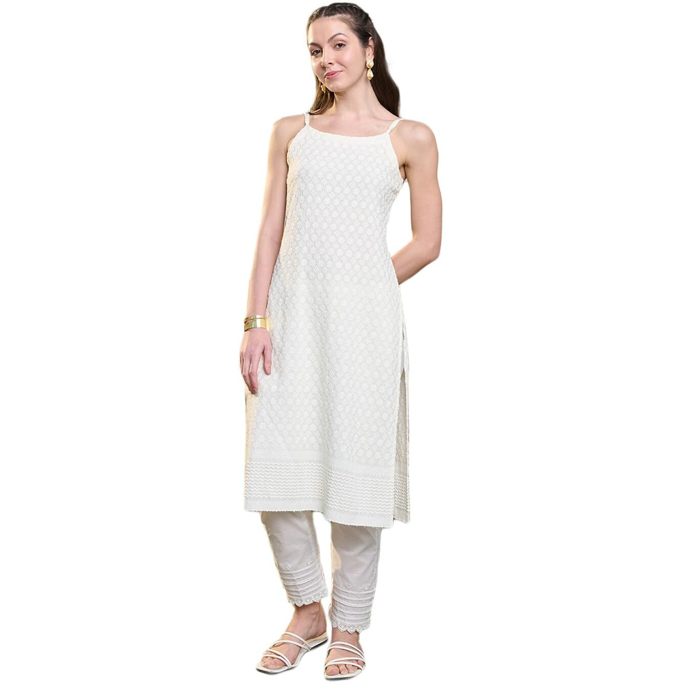 Stylum Women's Chikankari Rayon Straight Kurta (Creamglam40_Cream, L)