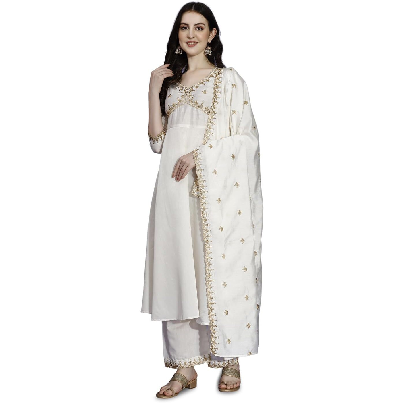Pratham Blue Kurta Set For Women Silk Embroidered Anarkali Kurta Set For Women With Palazzos And Dupatta (Pb-6163-M_White)