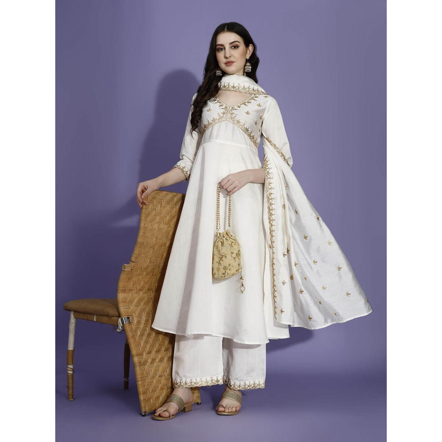 Pratham Blue Kurta Set For Women Silk Embroidered Anarkali Kurta Set For Women With Palazzos And Dupatta (Pb-6163-M_White)