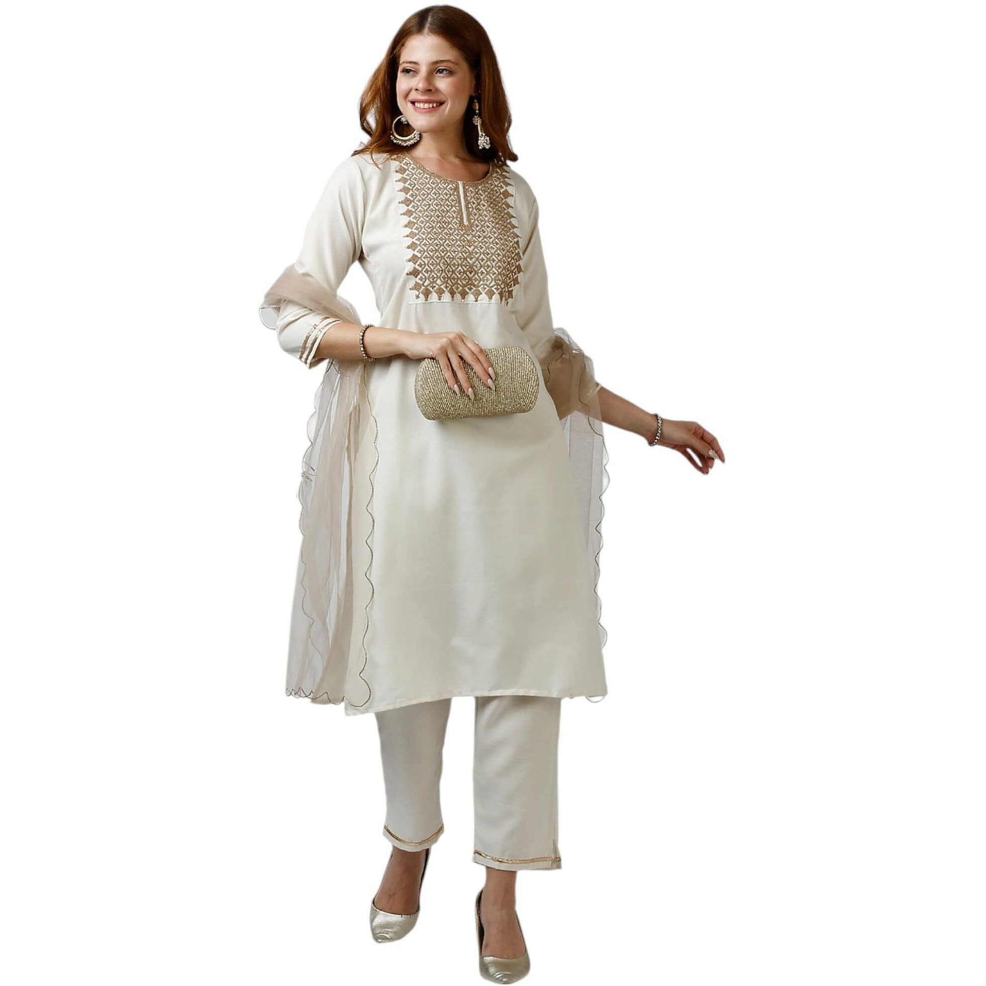Gufrina Elegant Cotton Embroidered Women's Kurta Pant Dupatta Set | Round-Neck, 3/4 Sleeve Ethnic Wear (White Xl)