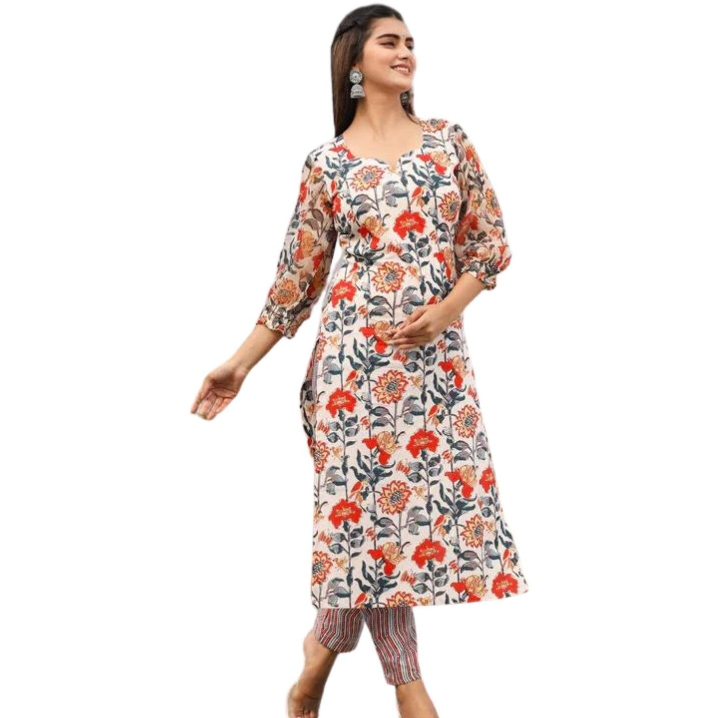 Greciilooks Women Cotton Blend Casual Regular Fit Kurta Set (White, Medium)