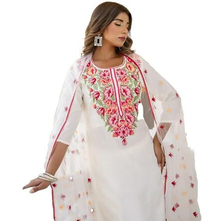 Lookmark Women's Embroidered Cotton Blend Kurta Set This Elegant Ensemble For Special & Casual Wear, Includes A Straight Kurta, Pants & Dupatta (Az-Lm-P5-Ks2103-Xl) White