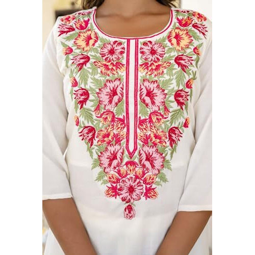 Lookmark Women's Embroidered Cotton Blend Kurta Set This Elegant Ensemble For Special & Casual Wear, Includes A Straight Kurta, Pants & Dupatta (Az-Lm-P5-Ks2103-Xl) White