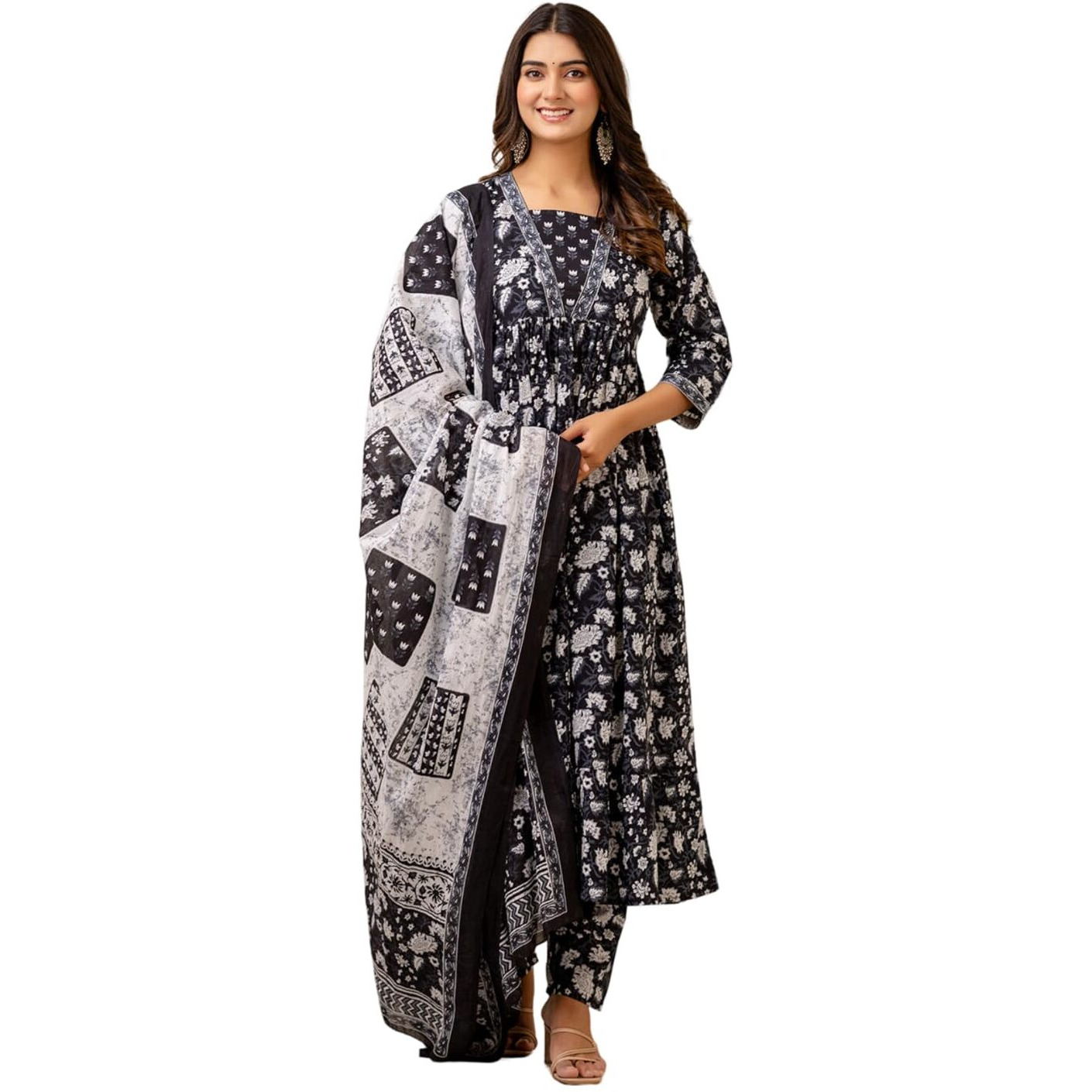 Shienzy Cotton Blend Square Neck Kurta Set With Dupatta For Women | Women Kurta Sets With Dupatta (1609-1610) (In, Alpha, Xl, Regular, Black)