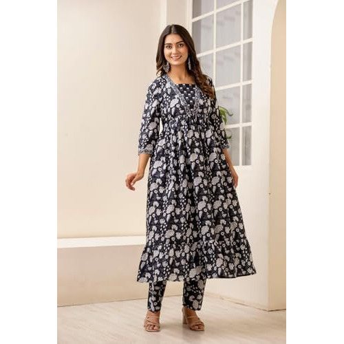 Shienzy Cotton Blend Square Neck Kurta Set With Dupatta For Women | Women Kurta Sets With Dupatta (1609-1610) (In, Alpha, Xl, Regular, Black)