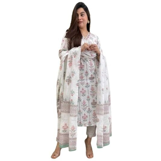 Pinkmint Kurta & Pant With Dupatta Set For Women '' V '' Neck Printed Straight Kurta Set Off White