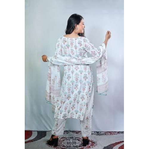 Pinkmint Kurta & Pant With Dupatta Set For Women '' V '' Neck Printed Straight Kurta Set Off White