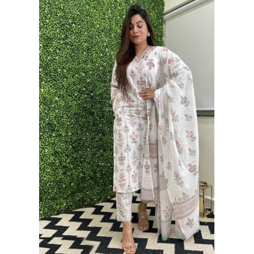 Pinkmint Kurta & Pant With Dupatta Set For Women '' V '' Neck Printed Straight Kurta Set Off White