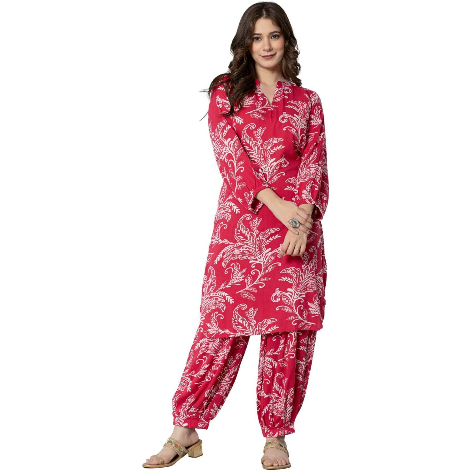 Rytras Women's Pure Cotton Printed Straight Kurta Set With Palazzo Pants - Ethnic Wear, Pink(Ryt590-New,Xl)