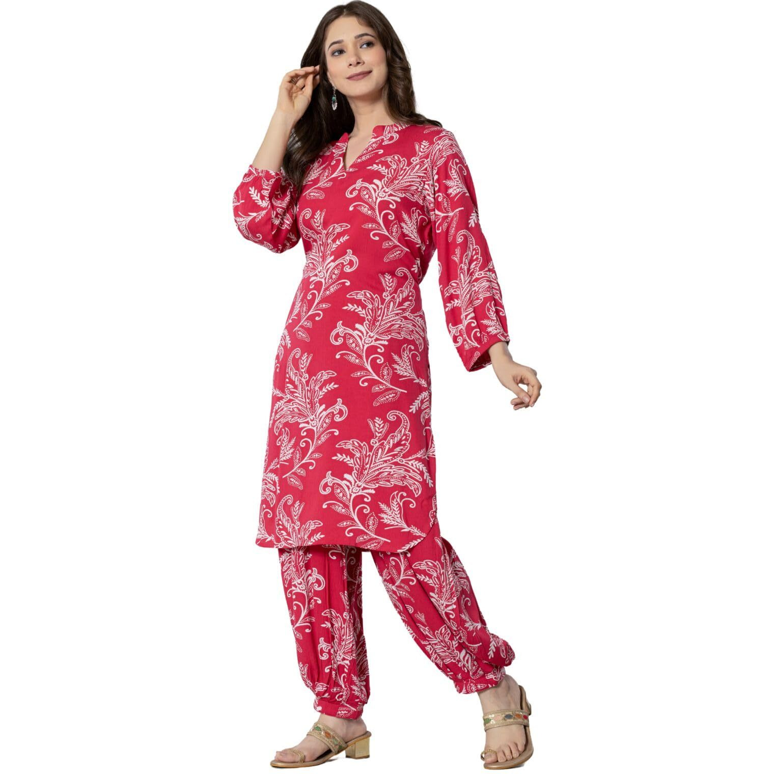 Rytras Women's Pure Cotton Printed Straight Kurta Set With Palazzo Pants - Ethnic Wear, Pink(Ryt590-New,Xl)